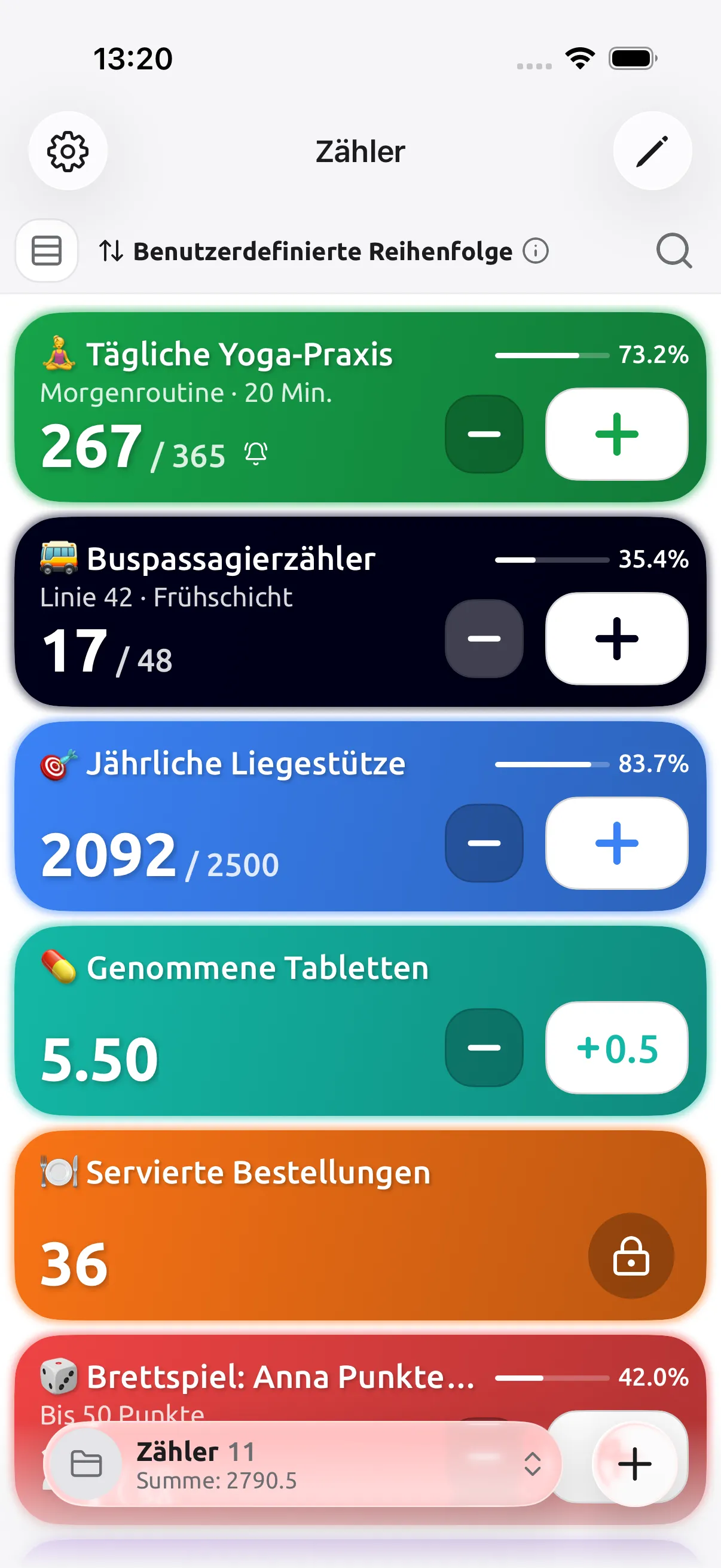 Der Tally-Counter-Startbildschirm mit einer Liste von Zählern