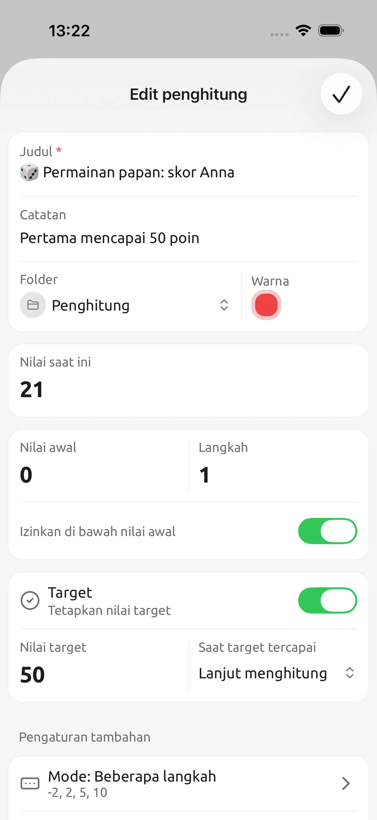 Tangkapan layar Tally Counter: Atur setiap penghitung sesuai kebutuhan