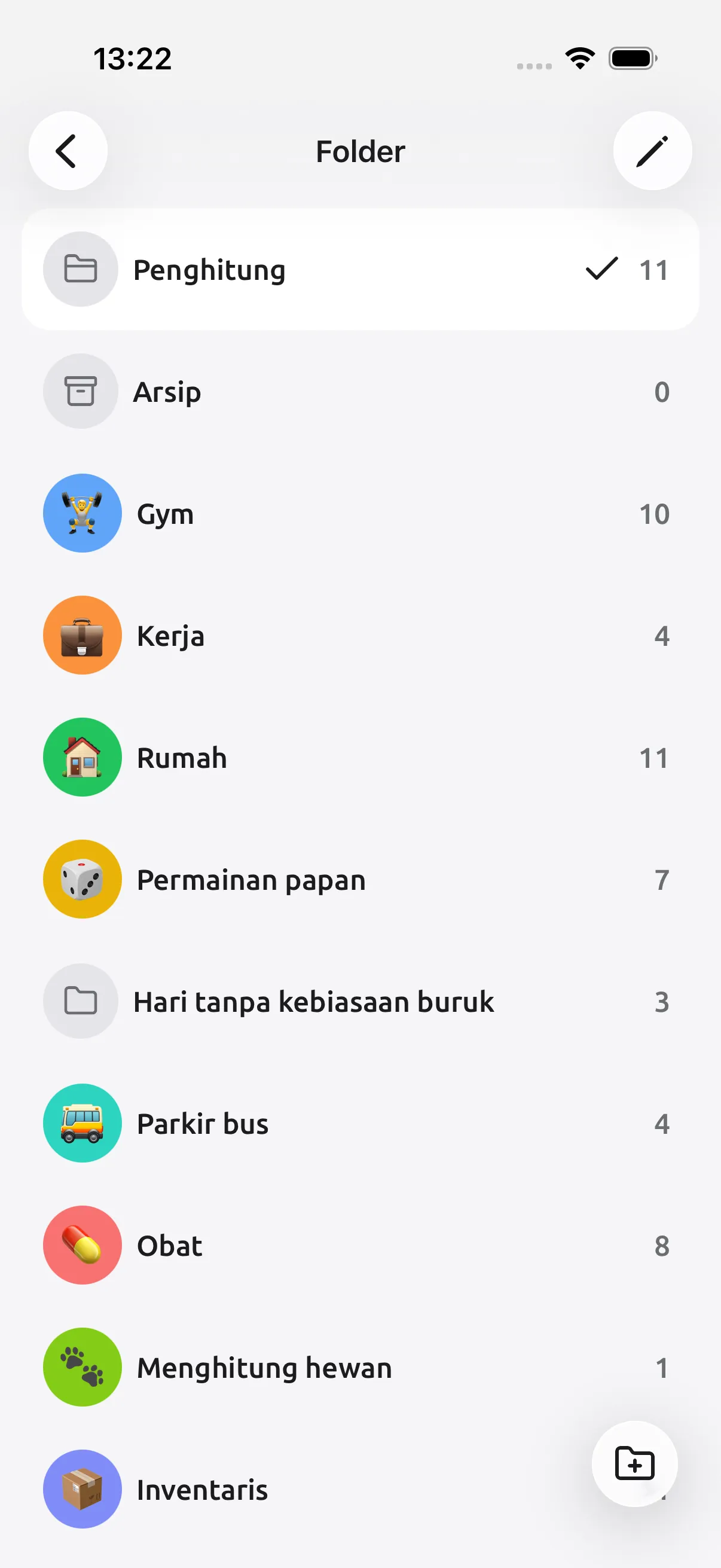Tangkapan layar Tally Counter: Folder untuk setiap kegiatan