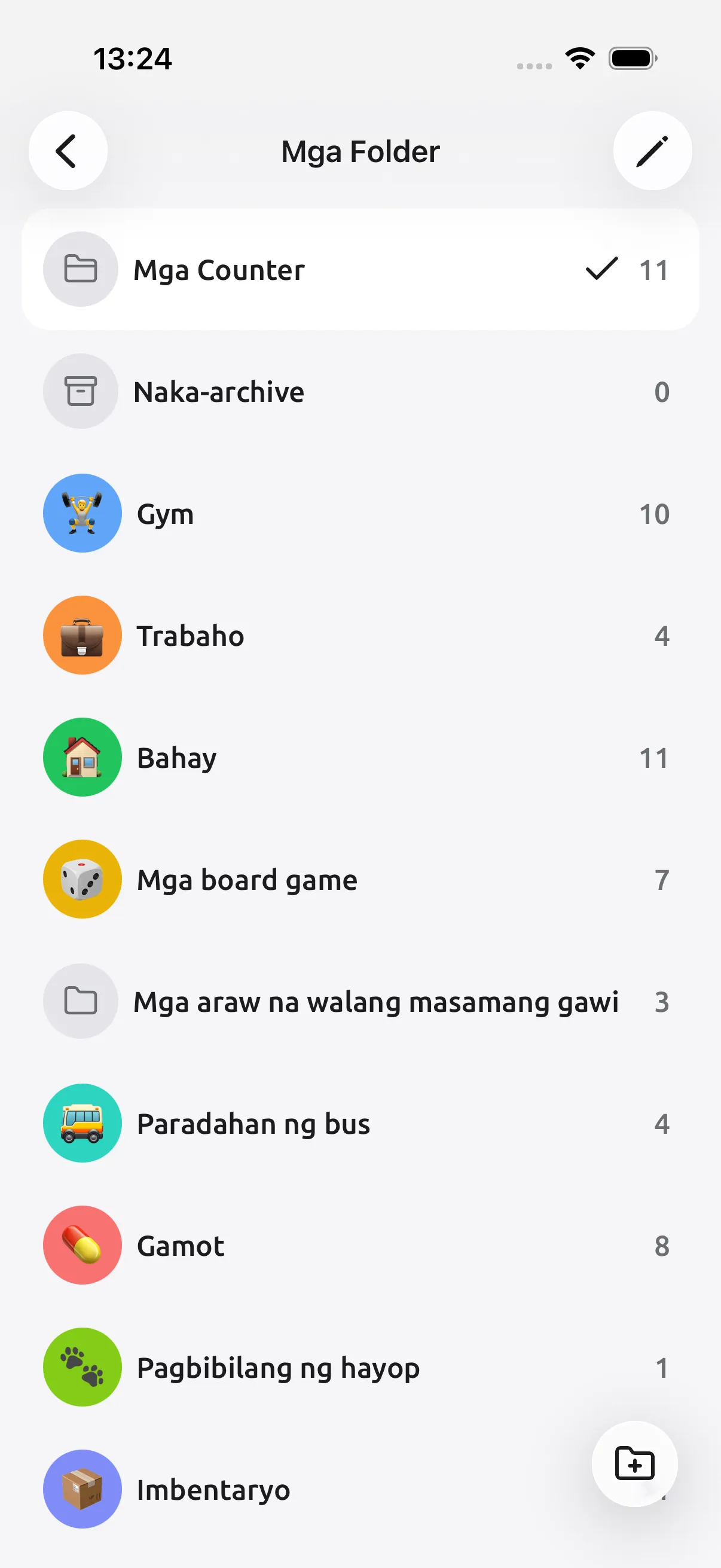 Screenshot ng Tally Counter: Mga folder para sa bawat gawain