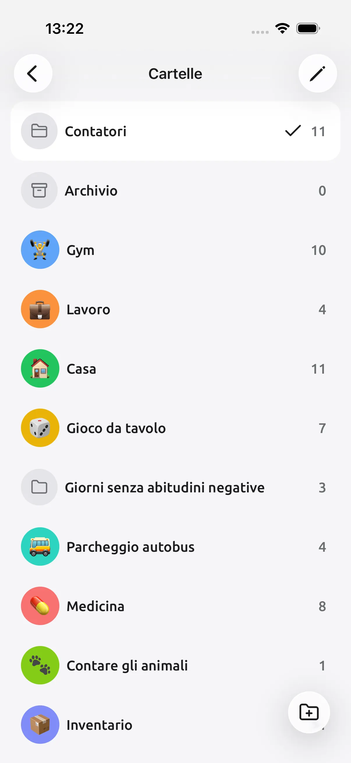 Schermata di Tally Counter: Una cartella per ogni attività