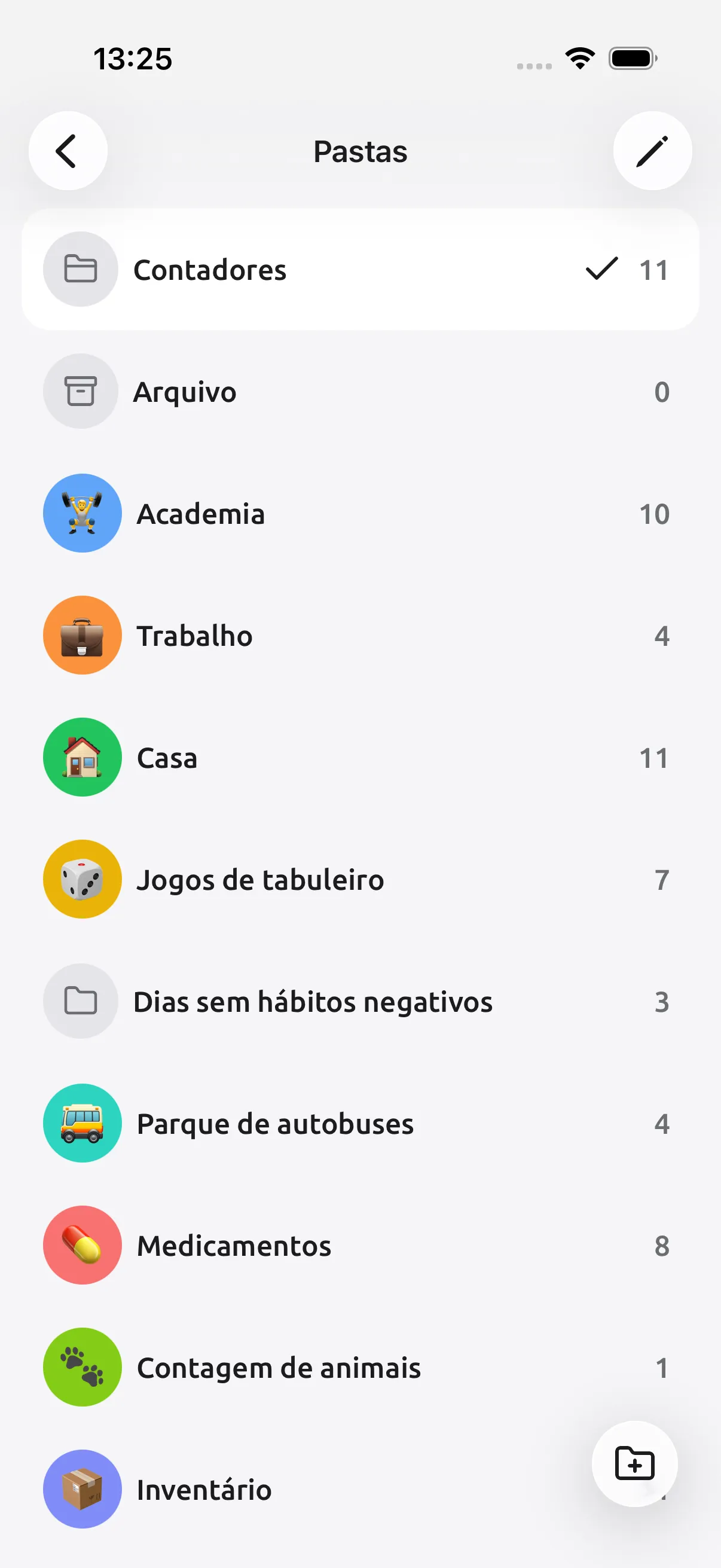 Captura de tela do Tally Counter: Pastas para cada parte da vida