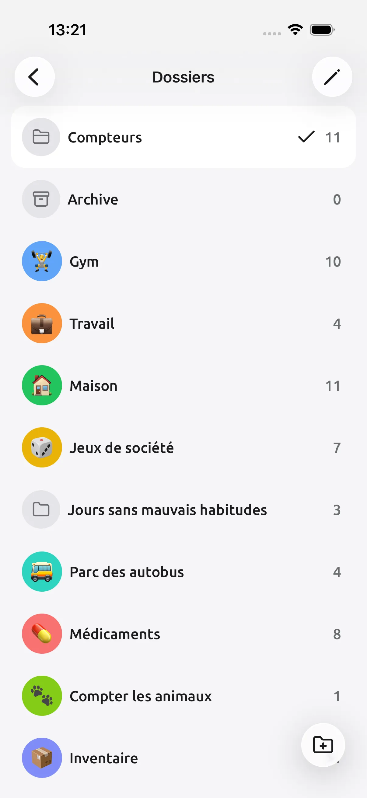 Capture d’écran de Tally Counter : Des dossiers pour chaque activité